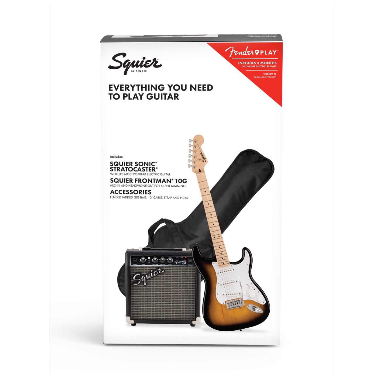 Fender Squier Sonic Stratocaster Pack, Maple Fingerboard, 2-Color Sunburst, inclusief Gig Bag, Frontman 10G Starters Pakket IN VOORRAAD, BLACK FRIDAY 2024 AANBIEDING !