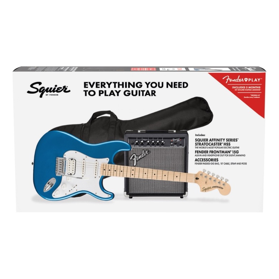 Fender Squier Affinity Series Stratocaster HSS Pack, Maple Fingerboard, Lake Placid Blue, Gig Bag, 15G Starters pakket !