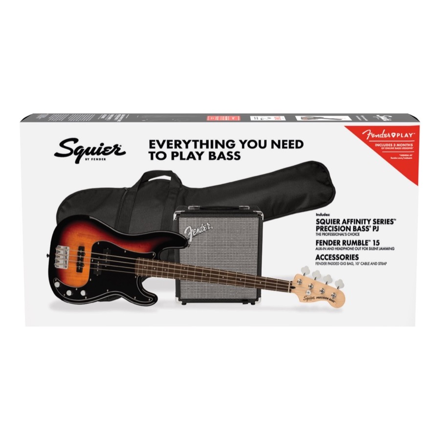 Fender Squier Affinity Series Precision Bass PJ Pack, Laurel Fingerboard, 3-Color Sunburst, Gig Bag, Rumble 15 Starters pakket !