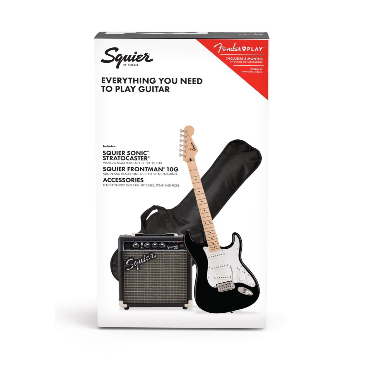 Fender Squier Sonic Stratocaster Pack, Maple Fingerboard, Black, inclusief Gig Bag, Frontman 10G Starters Pakket