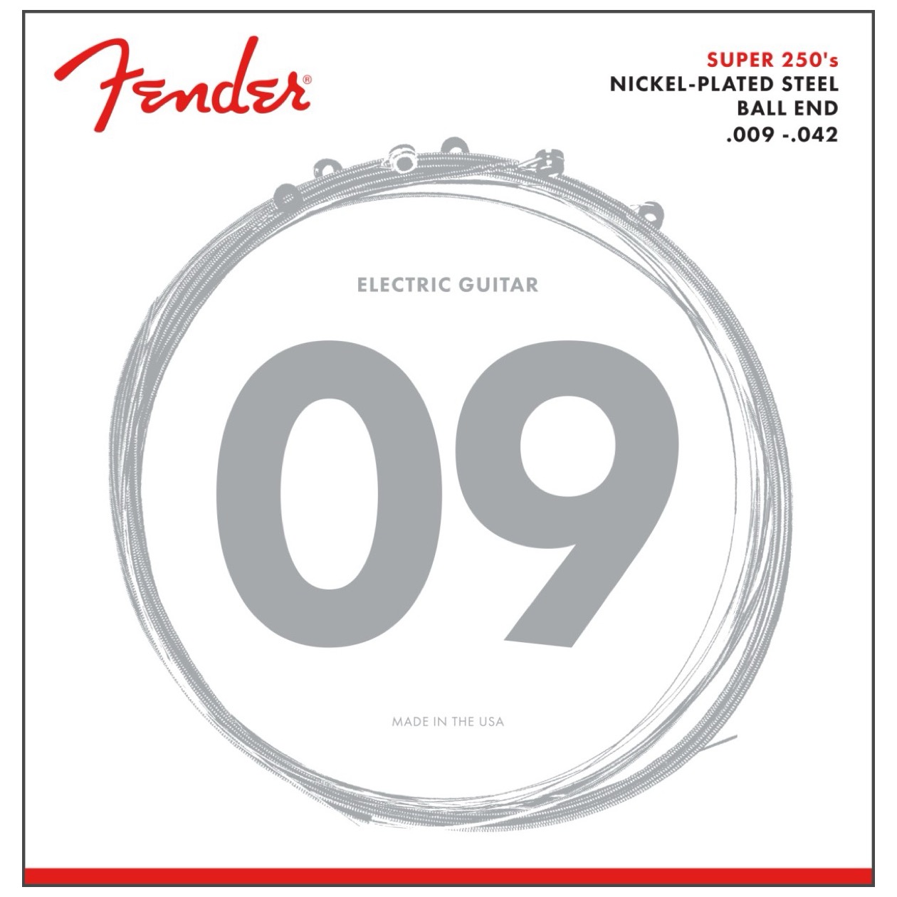 Fender Super 250 Guitar Strings, Nickel Plated Steel, Ball End, 250L Gauges .009-.042, (6) Model 0730250403 Snarenset voor Elektrische Gitaar