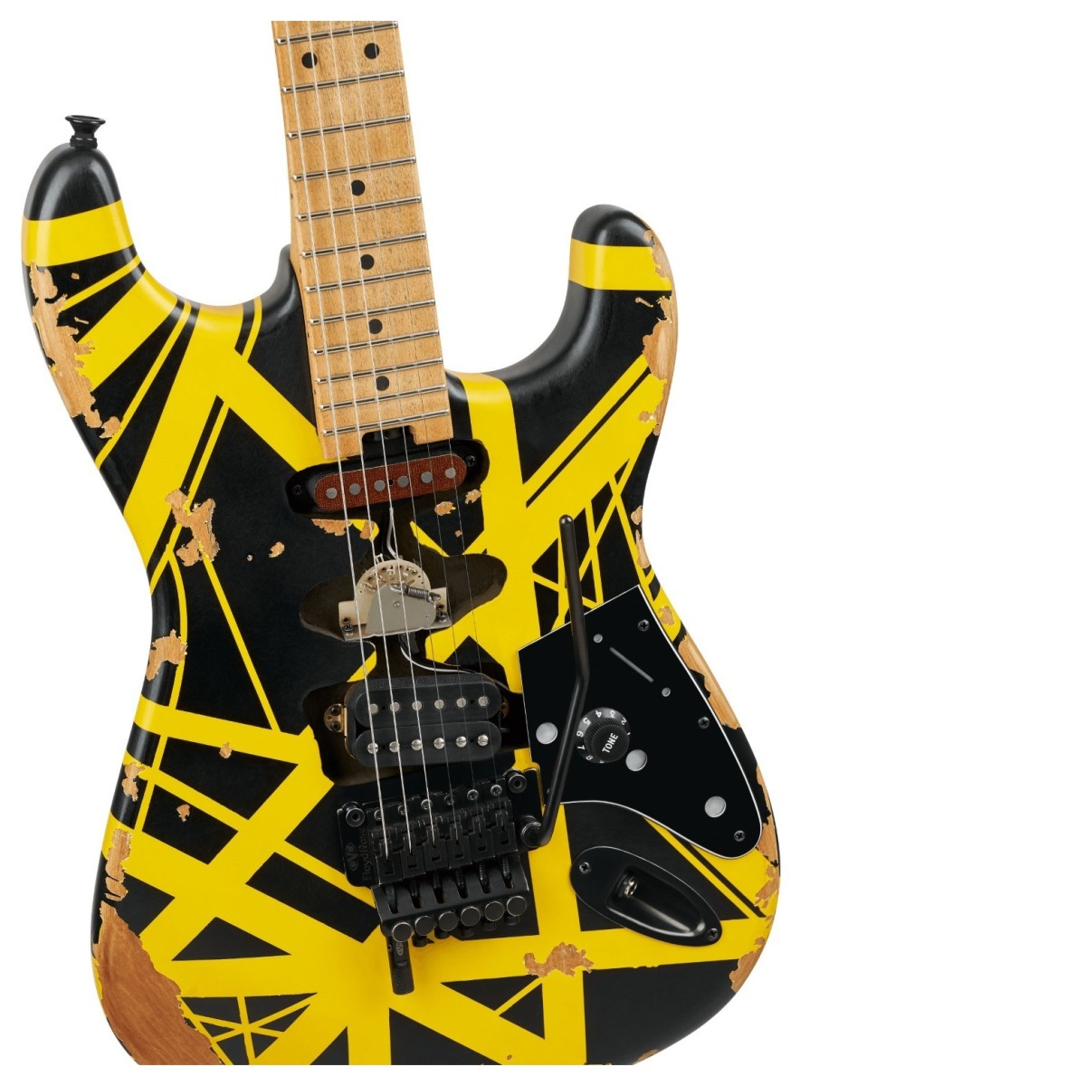 EVH Limited Edition Striped Series Frankenstein Frankie, Model 5107900528 Maple Fingerboard, Black with Yellow Stripes, Aged black and yellow striped paint finish and distressed black hardware IN VOORRAAD