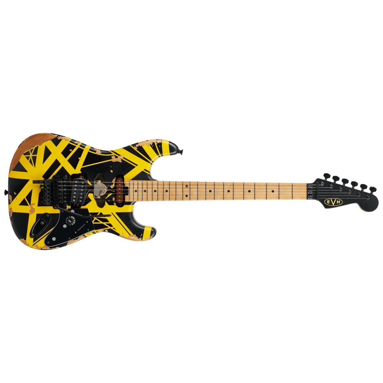 EVH Limited Edition Striped Series Frankenstein Frankie, Model 5107900528 Maple Fingerboard, Black with Yellow Stripes, Aged black and yellow striped paint finish and distressed black hardware IN VOORRAAD