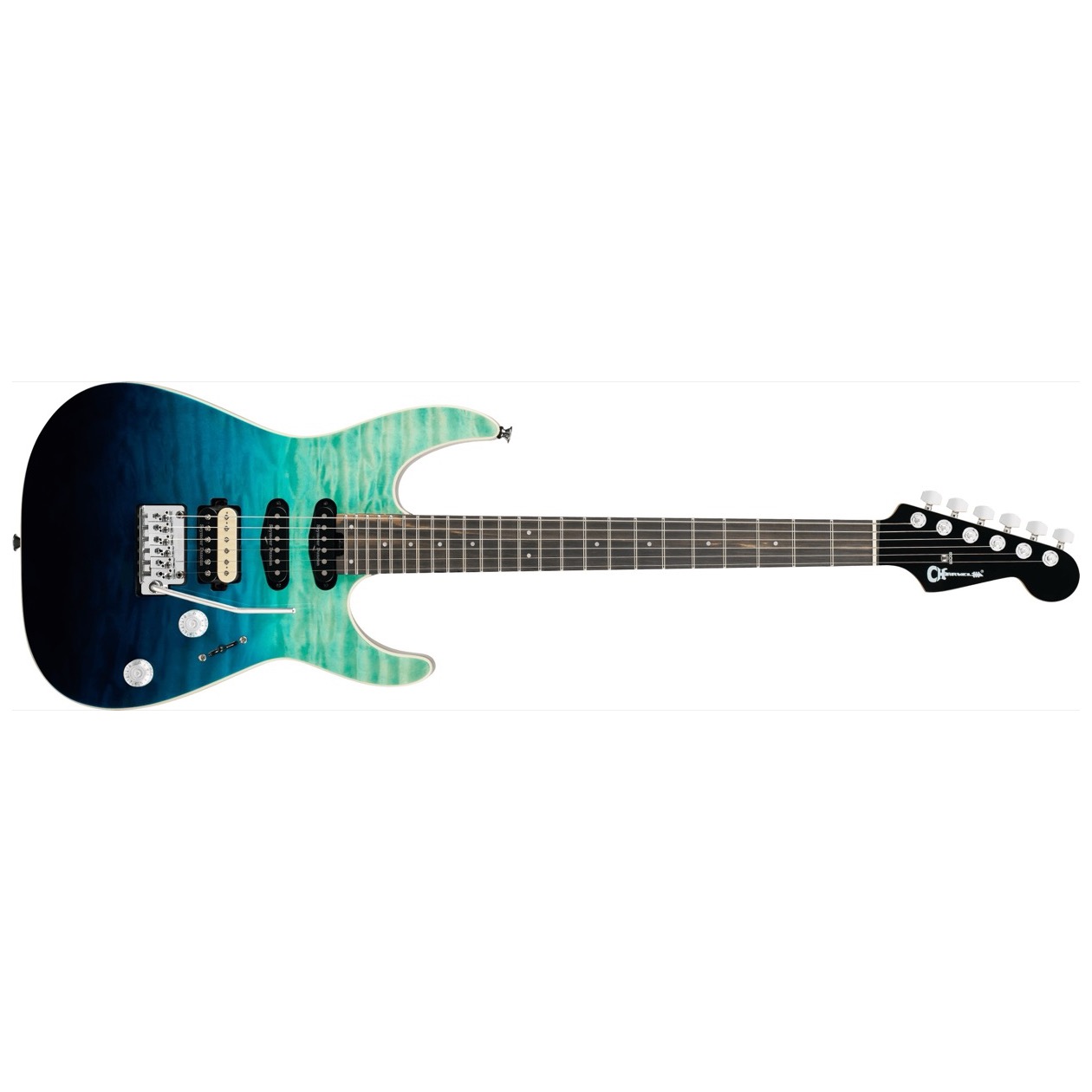 Charvel Pro-Mod Plus Dinky DK24 HSS 2PT EB QM, Ebony Fingerboard, Blue Curaçao Model 2972813546 Inclusief Charvel Deluxe Gig Bag