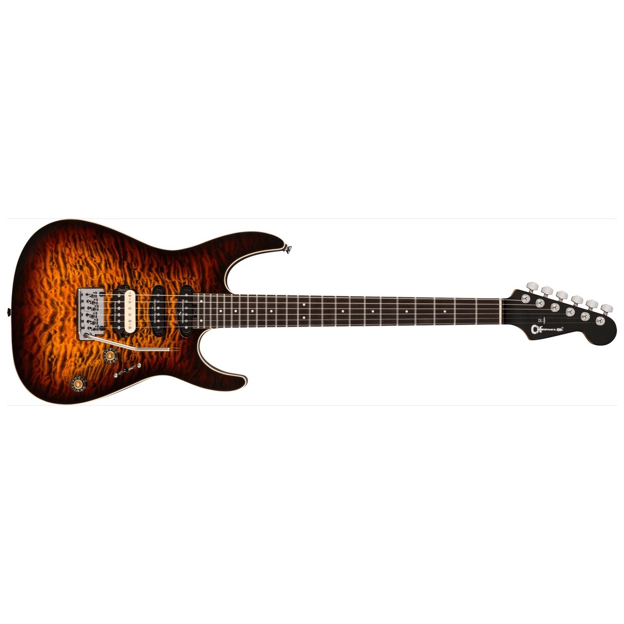 Charvel Pro-Mod Plus Dinky DK24 HSS 2PT EB QM, Ebony Fingerboard, Amber Tiger Eye Model 2979813380 Inclusief Charvel Deluxe Gig Bag