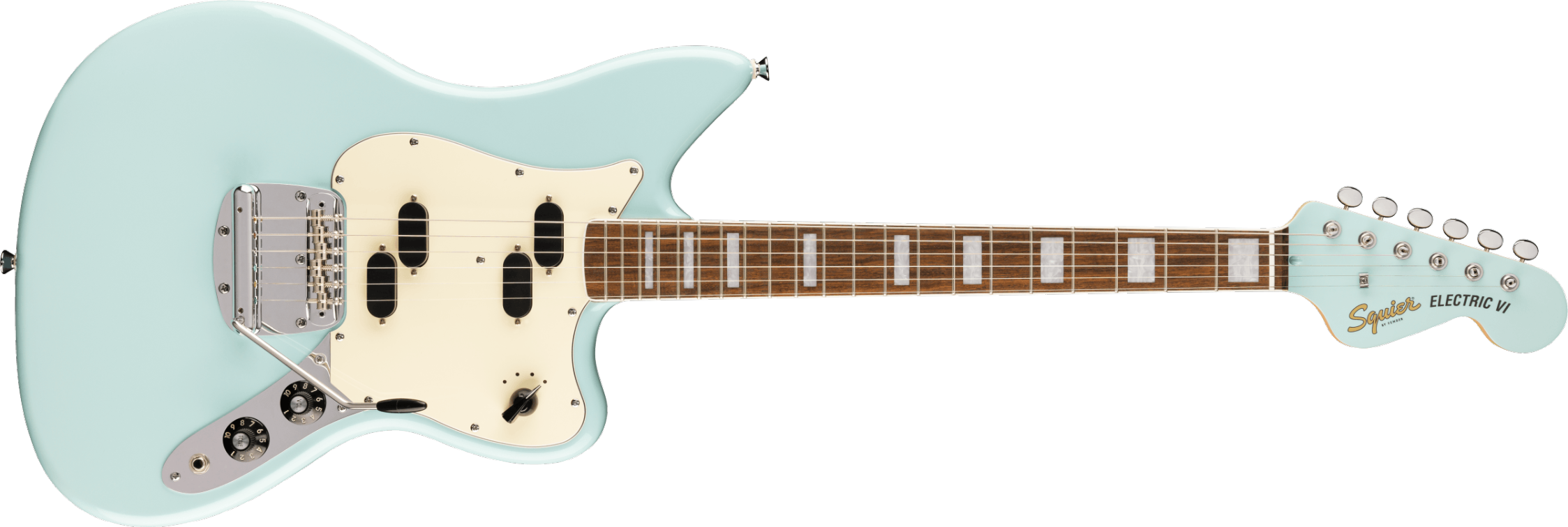 Squier Paranormal Electric VI, Laurel Fingerboard, Parchment Pickguard, Matching Headstock, Daphne Blue Model 0377071504