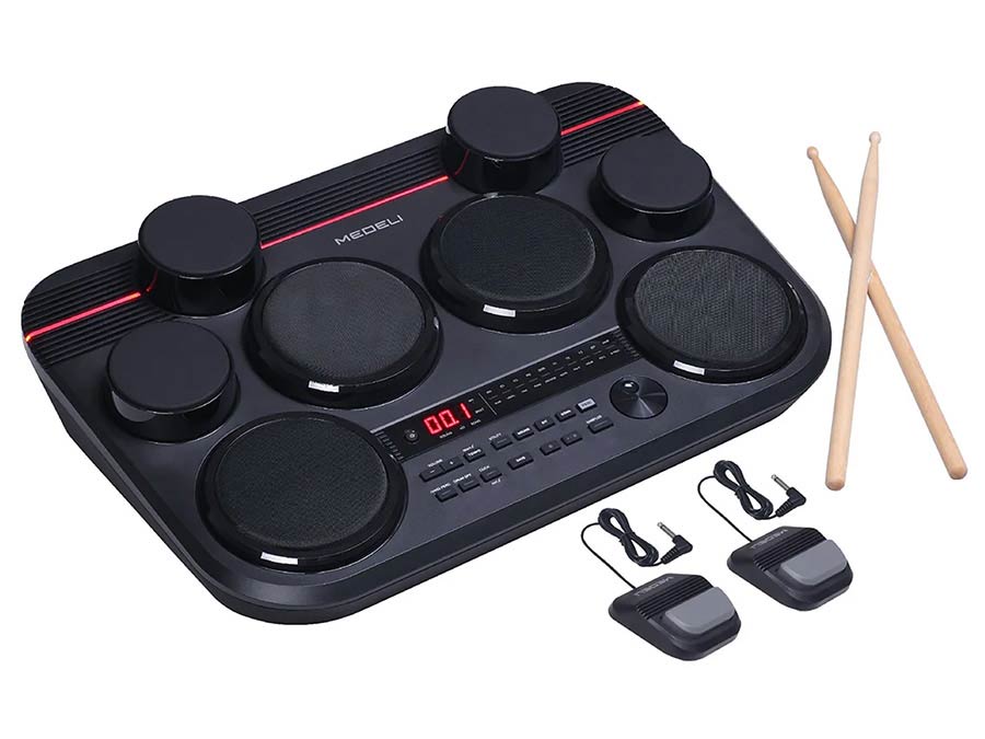 Medeli DD 325 BK / DD325BK Table drum with 8 pads, touch sensitive, 2 x pad pedals, incl. drumsticks Inclusief Adapter