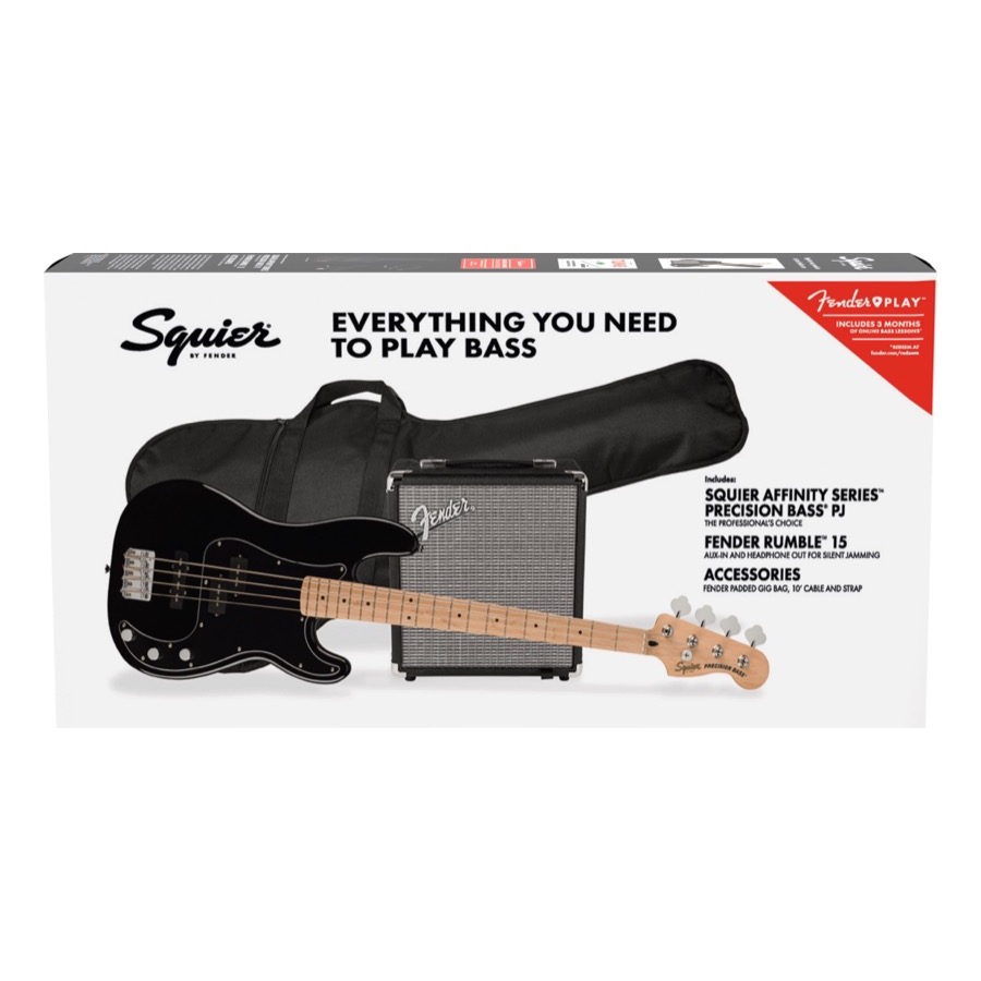 Fender Squier Affinity Series 2021 ™ Precision Bass ® PJ Pack, Maple Fingerboard, Black, Gig Bag, Rumble 15 Starters pakket !